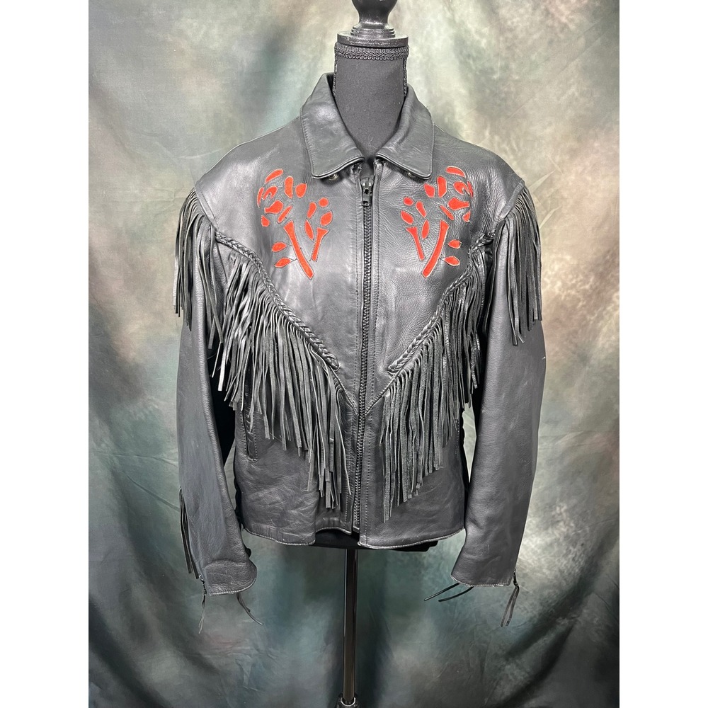 Vintage Womens Black Leather Fringe Biker Jacket Red Rose Applique Western Moto
